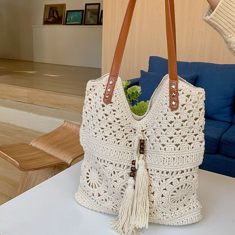 Women's Capacity Cotton Braided Hollow Mesh Seaside Bags