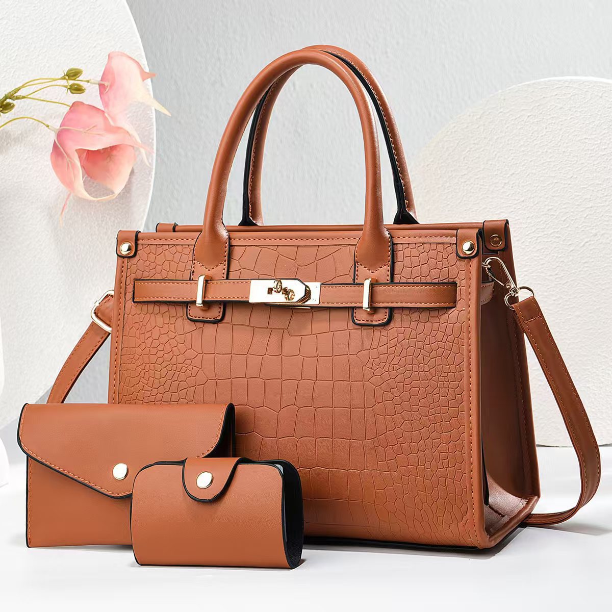 Three-piece Crocodile Pattern Large Fashion Elegant Birthday Handbags