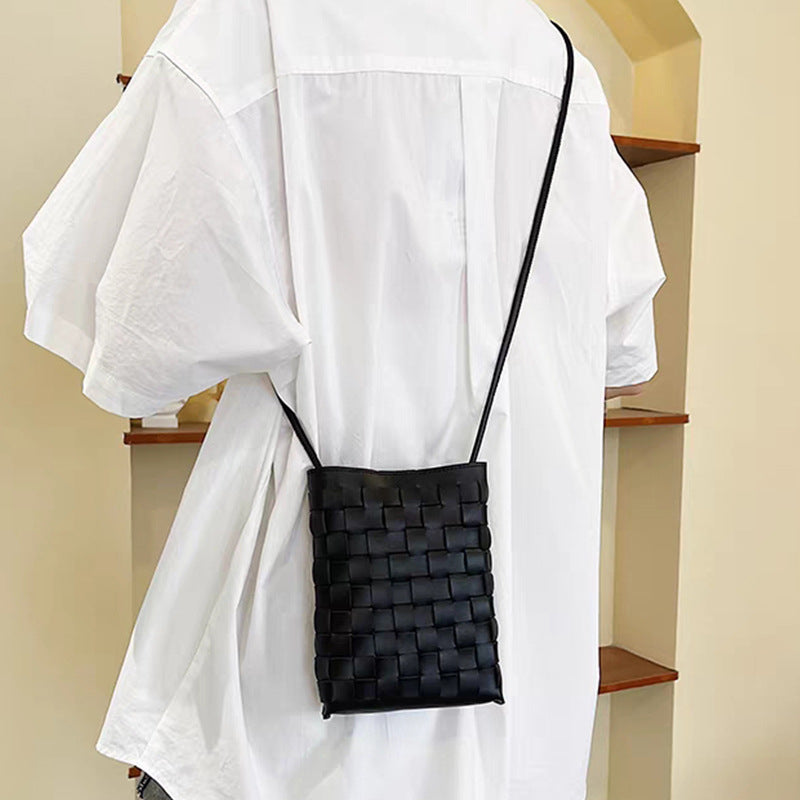 Women's Authentic Leather Weave Cell Korean Simple Mobile Phone Bag
