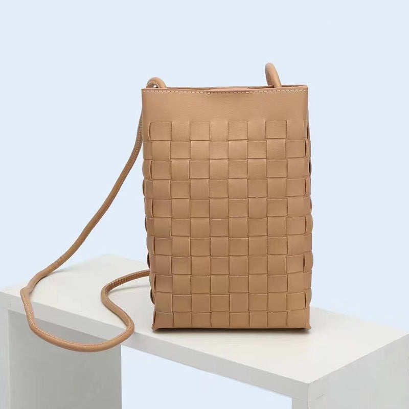 Women's Authentic Leather Weave Cell Korean Simple Mobile Phone Bag