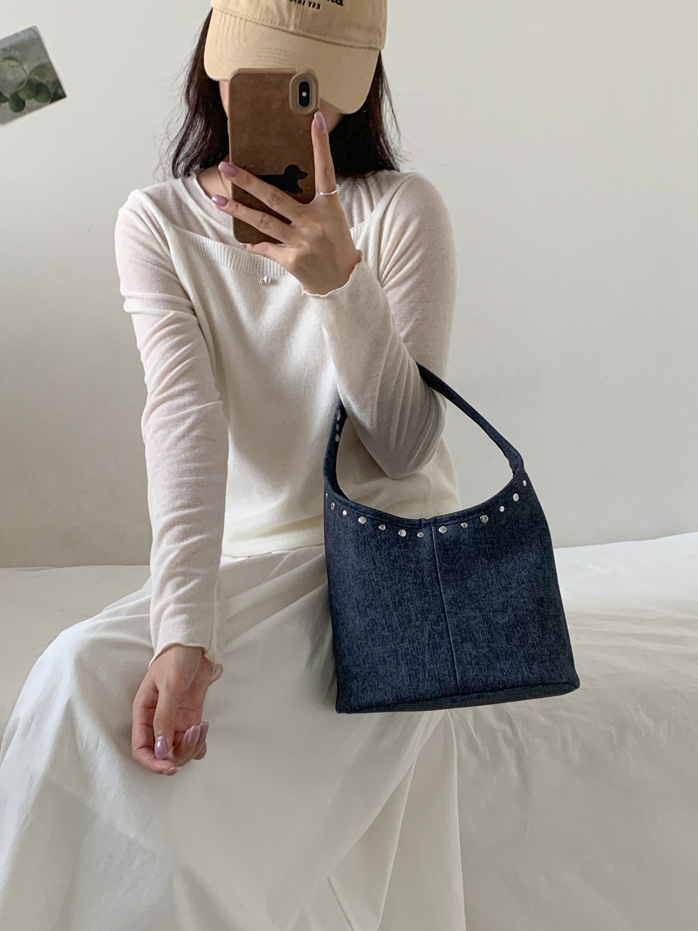 Vintage Faux Denim Rivet Drawstring Underarm Commute Korean Women's Handbag