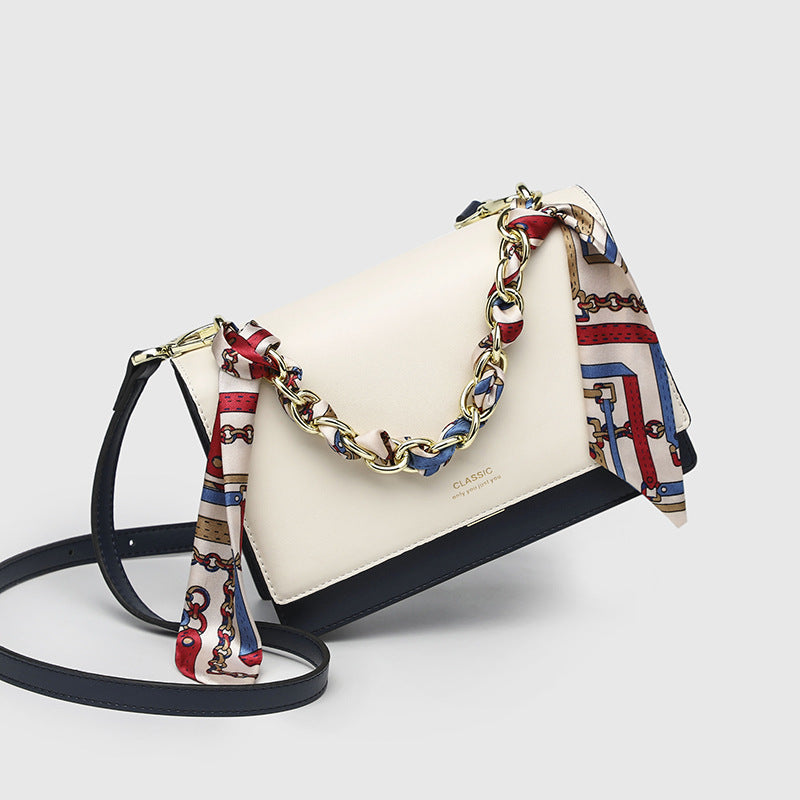 Women's Genuine Leather Chain Silk Scarf Women's Handbag