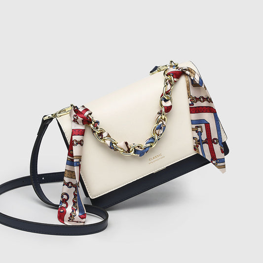 Women's Genuine Leather Chain Silk Scarf Women's Handbag