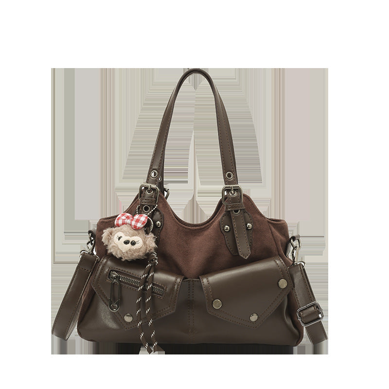 Women's Brown Retro Contrast Color Premium Large Women's Shoulder Bag