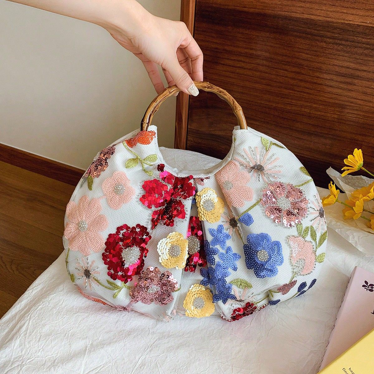 Color Sequin Gauze Stitching Flowers Print Linen Bottom Cloth Seaside Handbags