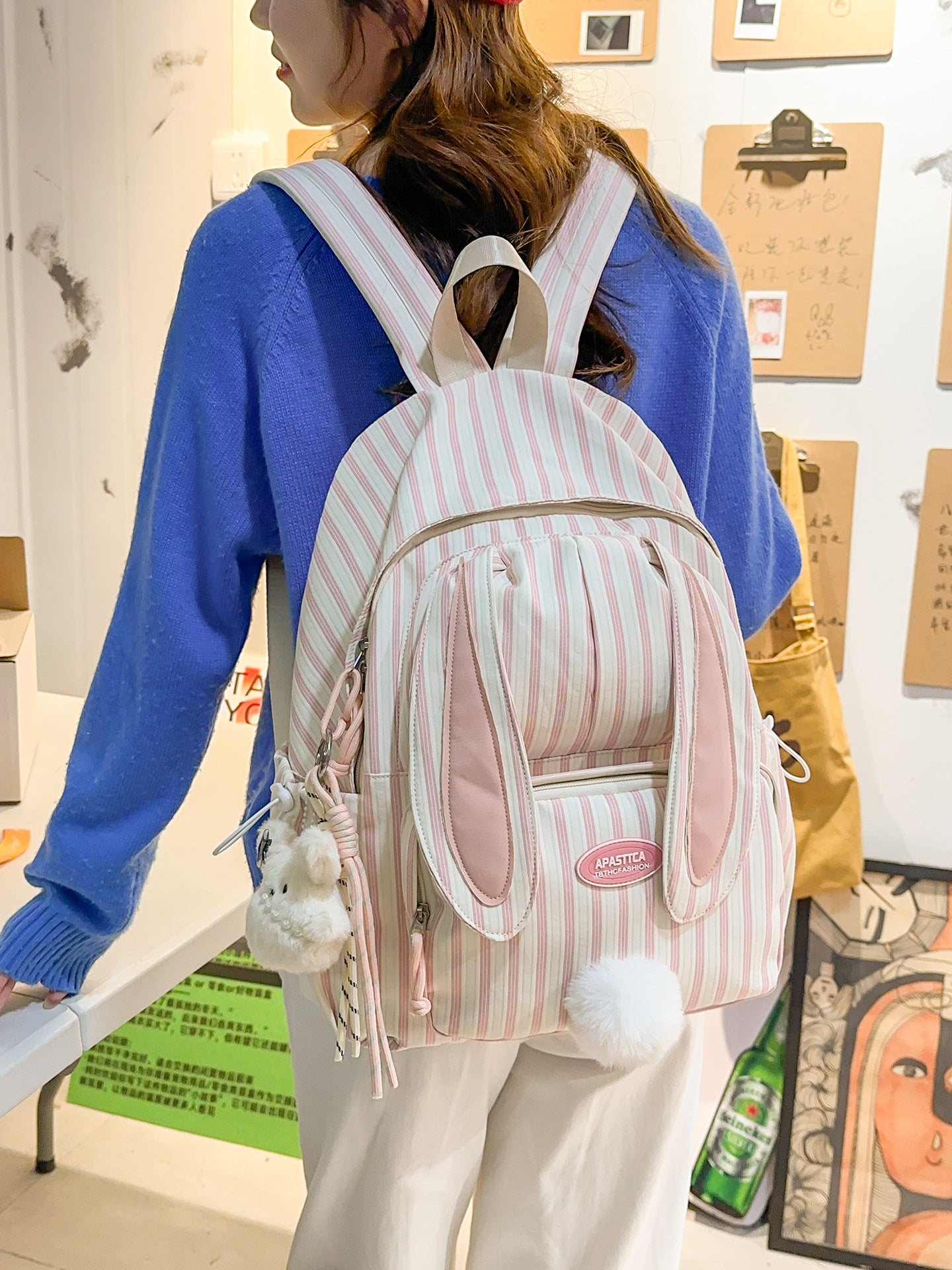 Cute Rabbit Sweet Stripes Junior Lightweight Large Leisure Backpack
