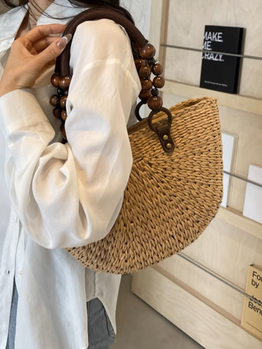 Women's Wooden Bead Portable Hand-woven Large Capacity Totes Vegetable Basket Tote Bag