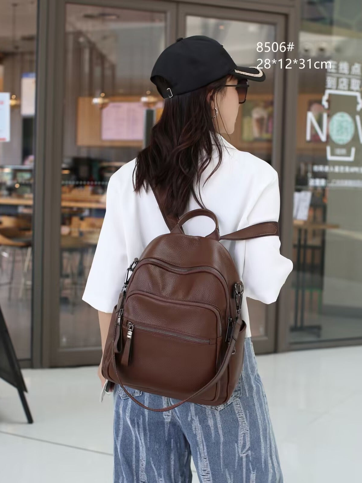 Women's Layer Cowhide Lychee Pattern Large Capacity Commute Leisure Women's Backpack