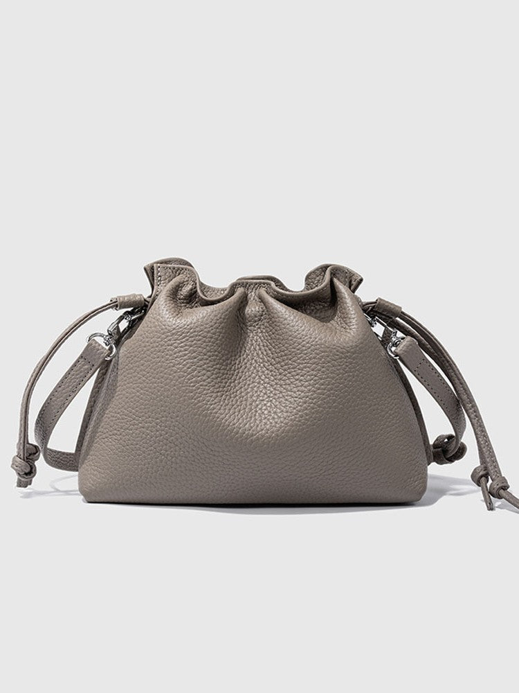 Leather Drawstring First Layer Cowhide Pleated Women's Messenger Bag