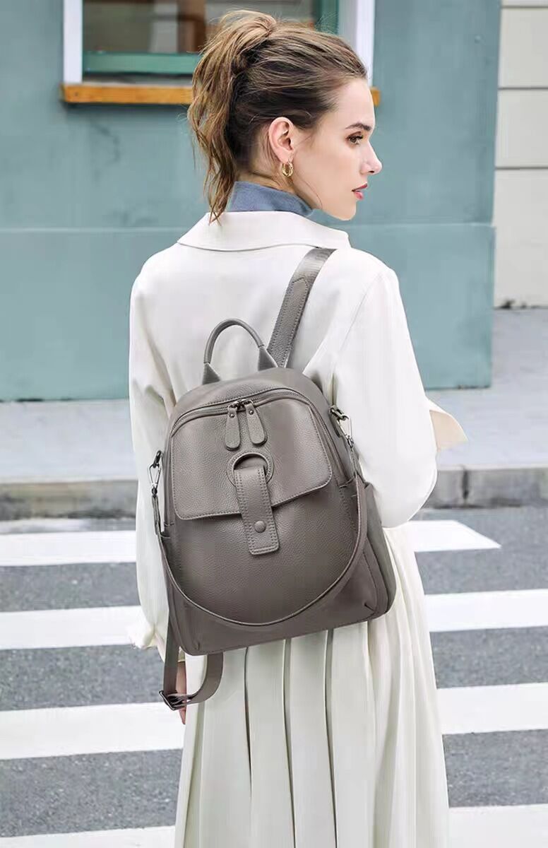 Women's Leather Lychee Pattern Elephant Gray Large Women's Backpack