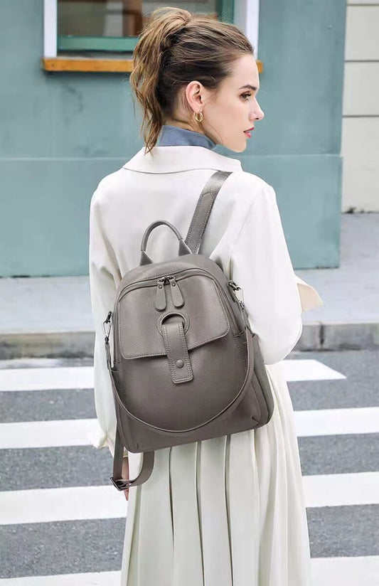 Women's Leather Lychee Pattern Elephant Gray Large Women's Backpack