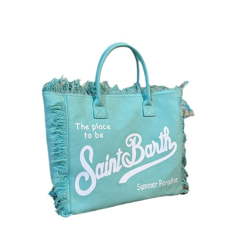 Beach Letters Large Capacity Commuter Handmade Tassel Tote Bag