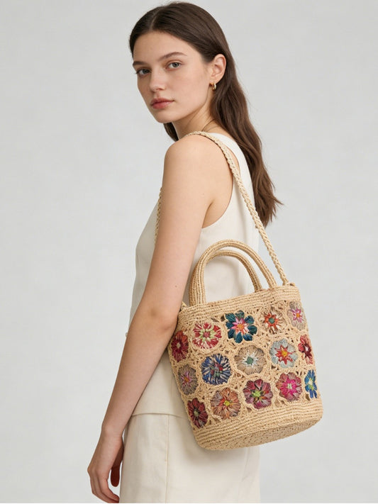 Women's Handmade Raffia Colorful Straw Seaside Vacation Bucket Bag