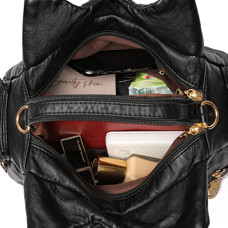 Trendy Colored Mosaic Large Capacity Washed Leather Bags