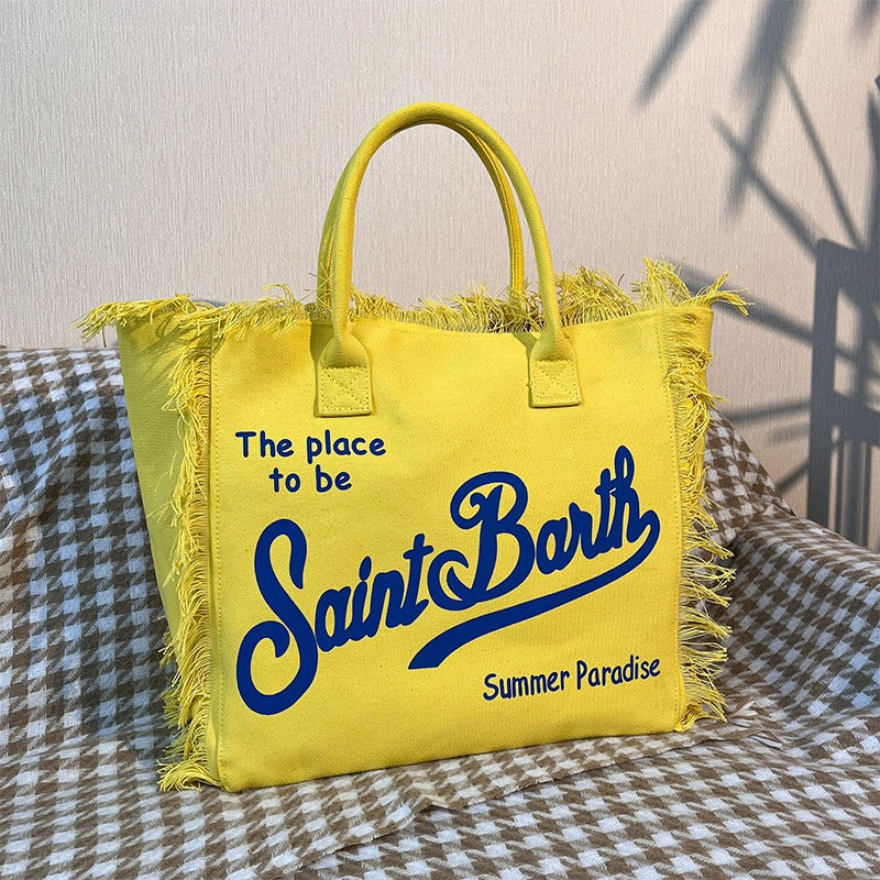 Beach Letters Large Capacity Commuter Handmade Tassel Tote Bag