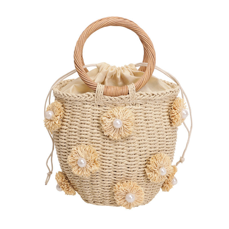 Women's Summer Straw Fresh Flower Pearl Decorative Portable Basket Women's Handbag