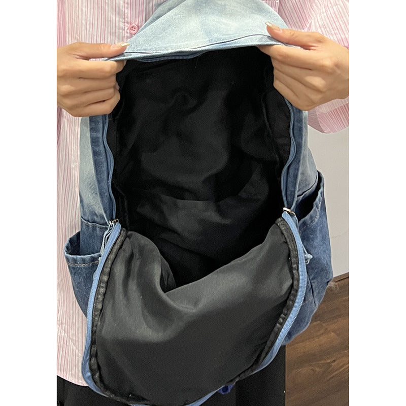 Women's Washed Denim Fashion Gradient High College Korean Style Leisure Backpack