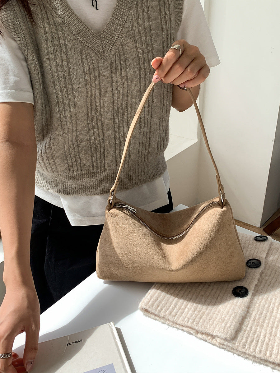 Korean Style Daily Commuter Solid Color Suede Women's Shoulder Bag