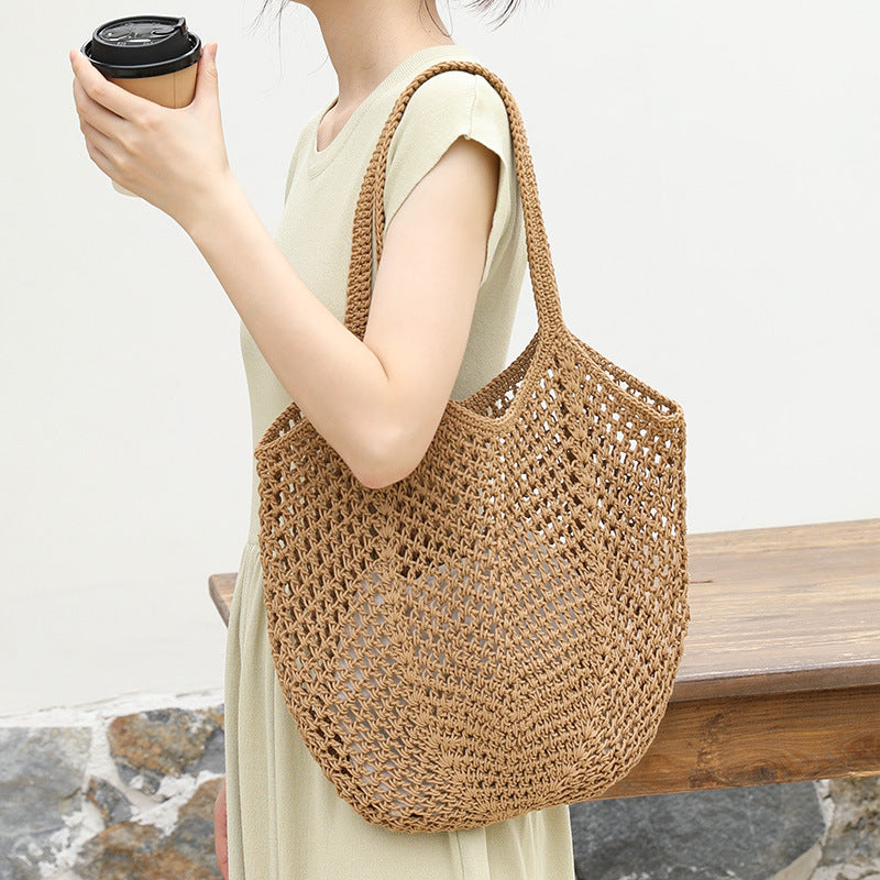 Women's Korean Drawstring Fashionable Cotton Hollow Hand-woven Women's Shoulder Bag
