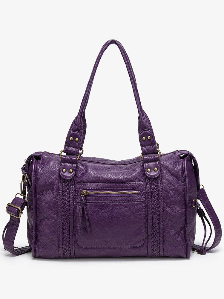 Women's French Retro Motorcycle Large Capacity Washed Tote Bags
