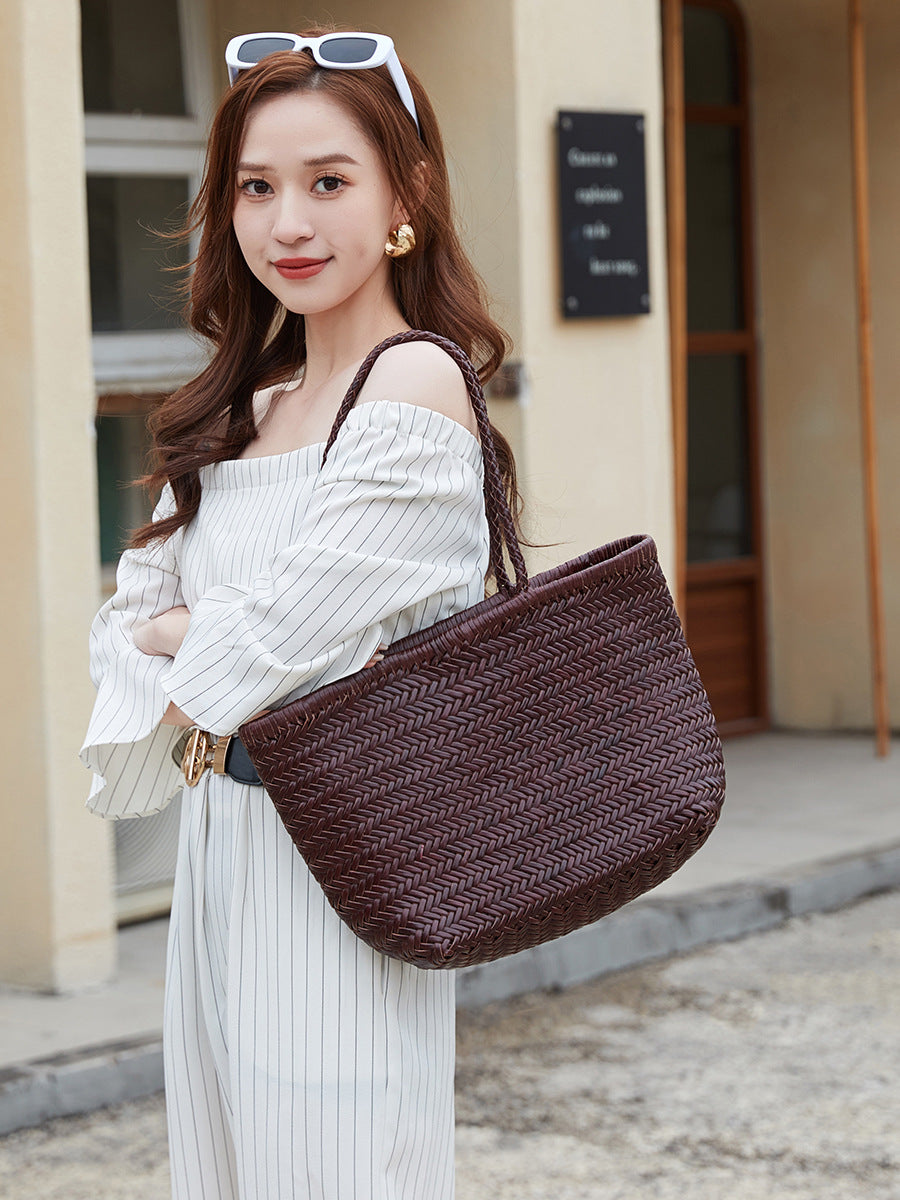 First Layer Cowhide Woven French Style Vegetable Tote Bag