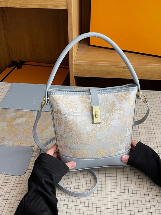 Women's Material Homemade National Style Contrast Color Hand Holding Bucket Bag