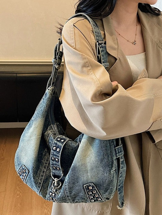 Large Capacity Totes Denim Rivet American Style Trend Tote Bag