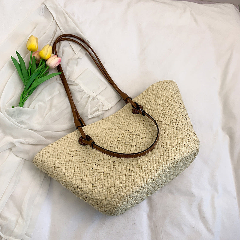 Women's Style Fashion Solid Color Woven Large Capacity Vacation Straw Vegetable Women's Shoulder Bag