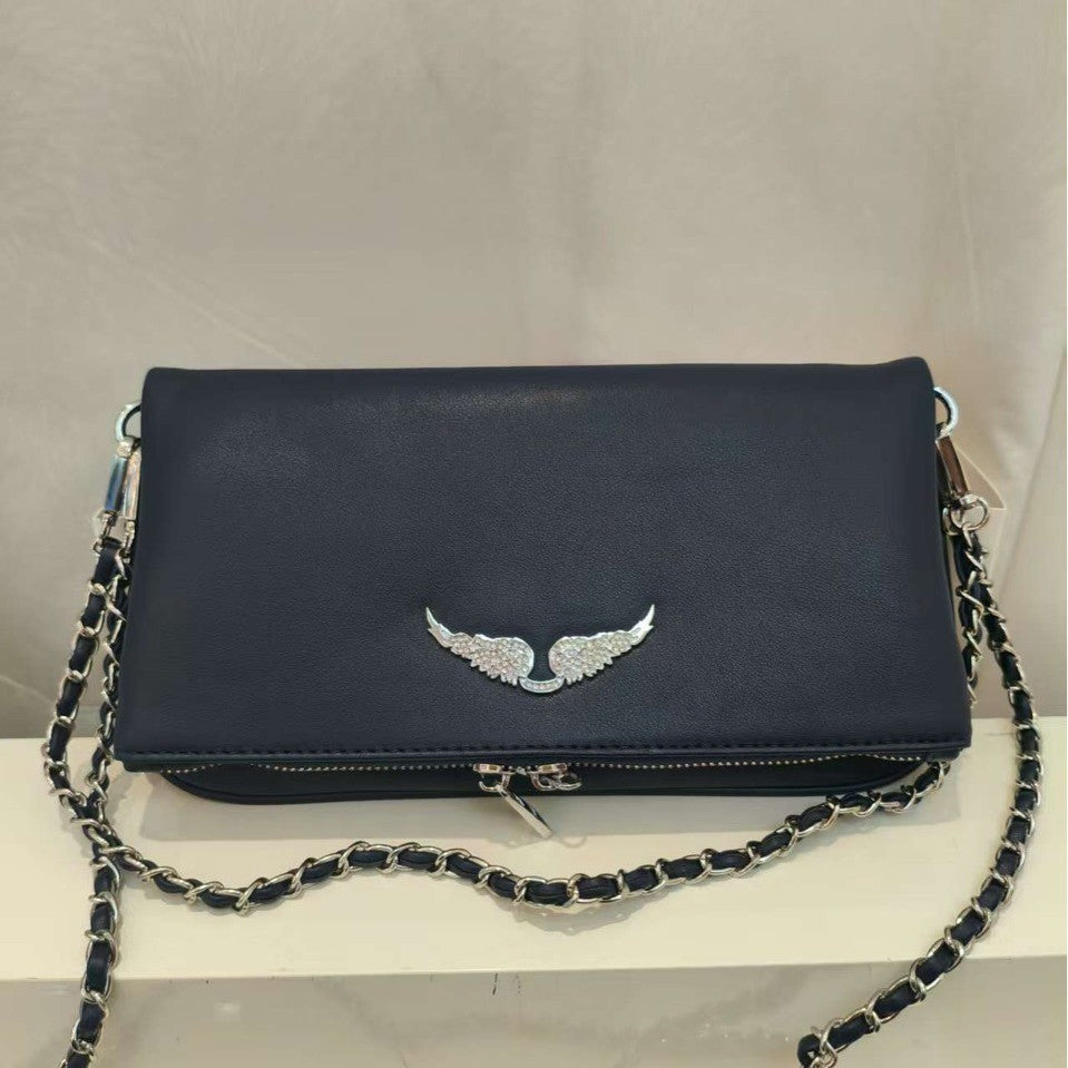 Women's Black Wings Rhinestone Metal Chain Women's Shoulder Bag