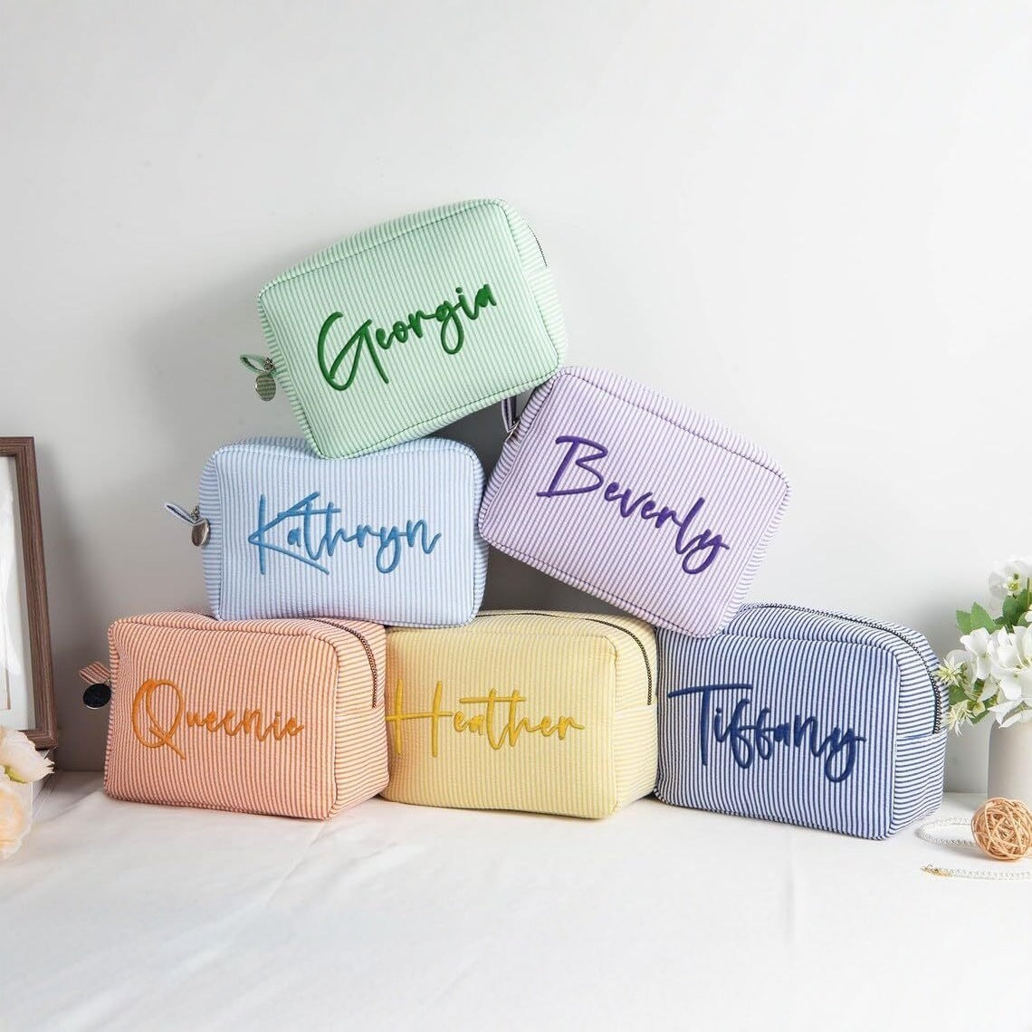 Embroidery Name Striped Make-up Portable Storage Makeup Bag
