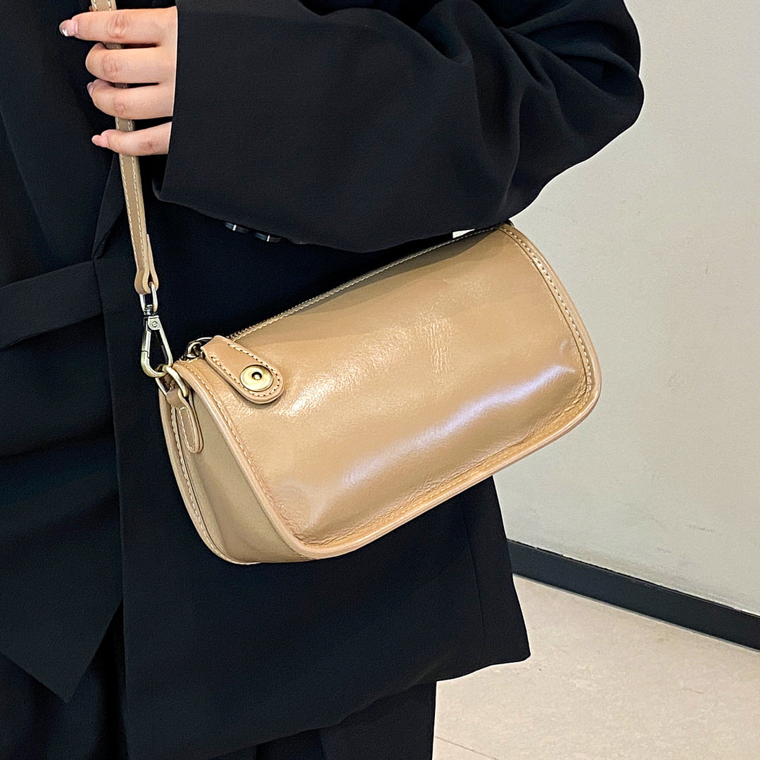 Women's Black French Tree Cream Genuine Leather Underarm Bag