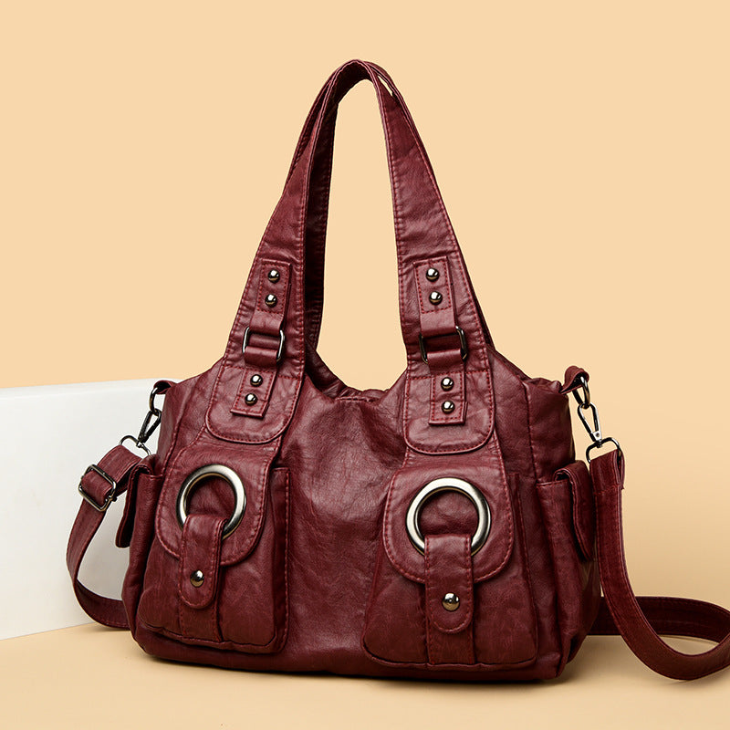 Women's Washed Leather Large Capacity Soft Retro Rivet Women's Shoulder Bag