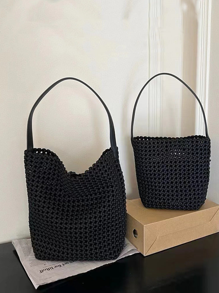 Idle Style Large Capacity First Layer Cowhide Hand-woven Single Bucket Bag
