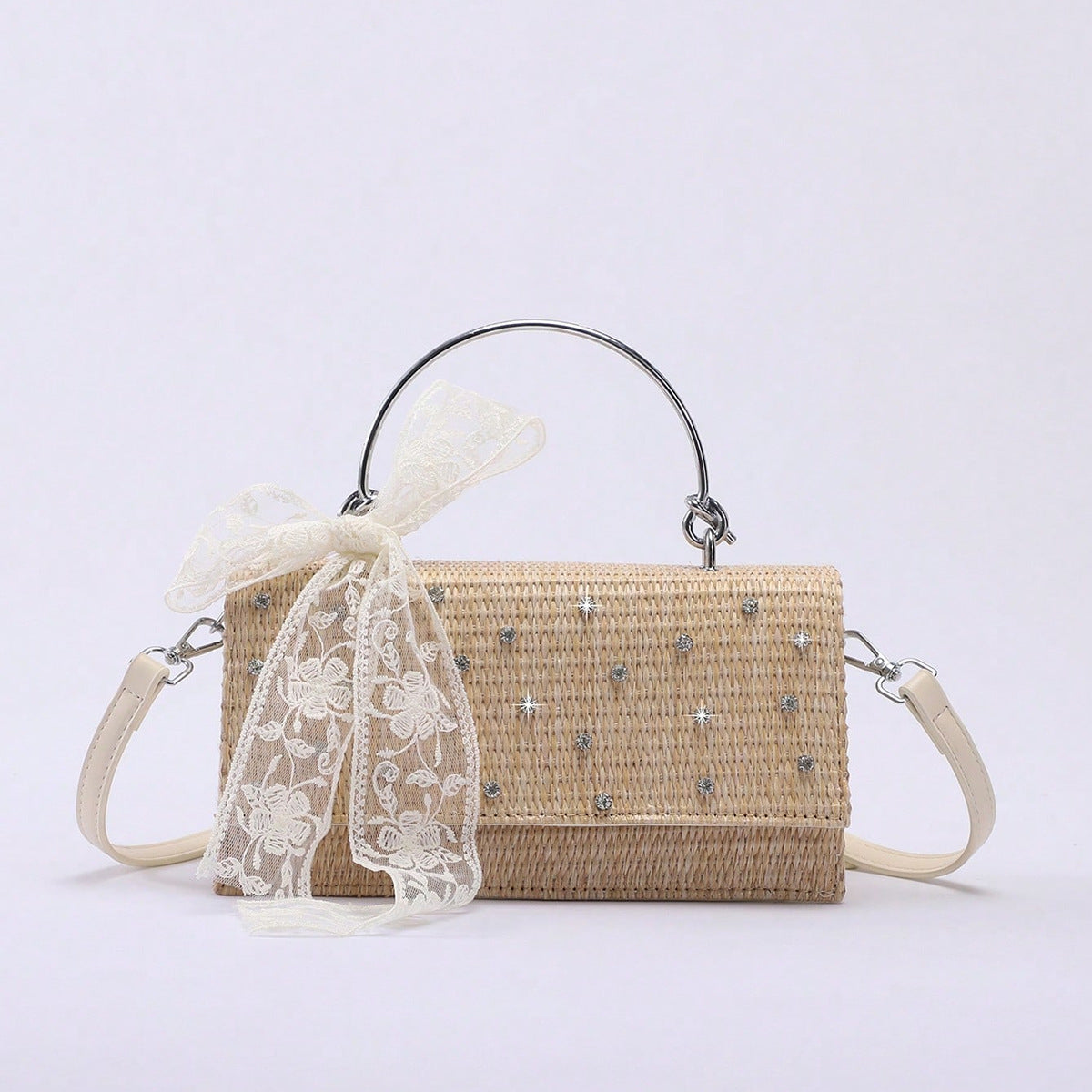 Women's Straw Woven Summer Diamond Shiny Crystal Lace Women's Handbag