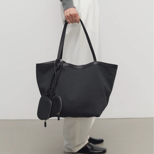 Home Double-sided Canvas Portable First Layer Cowhide Large Capacity Tote Bag