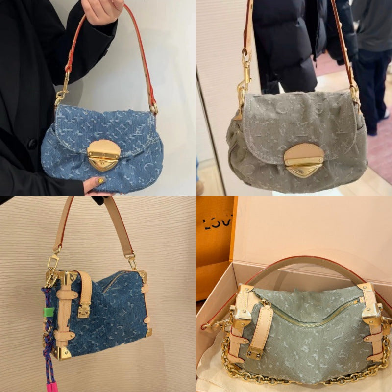 Women's Trendy Denim Soft Box Ingot Fashion Large Shoulder Bags