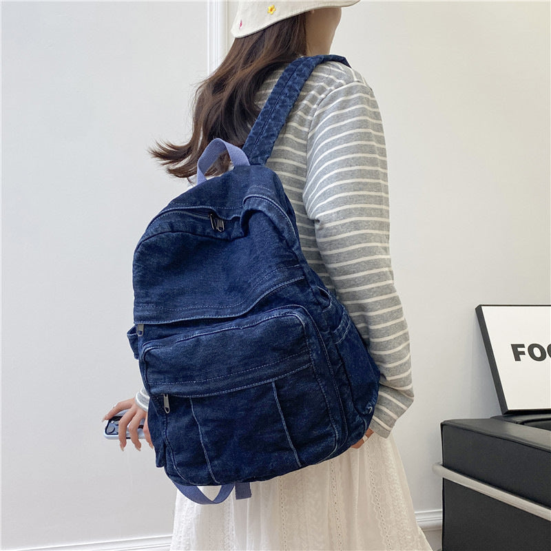 Simple Retro Denim Female Large Capacity Pure Color Women's Backpack
