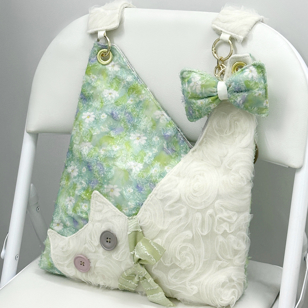 Women's Green Daisy Canvas Cute Cat Large Capacity Women's Shoulder Bag