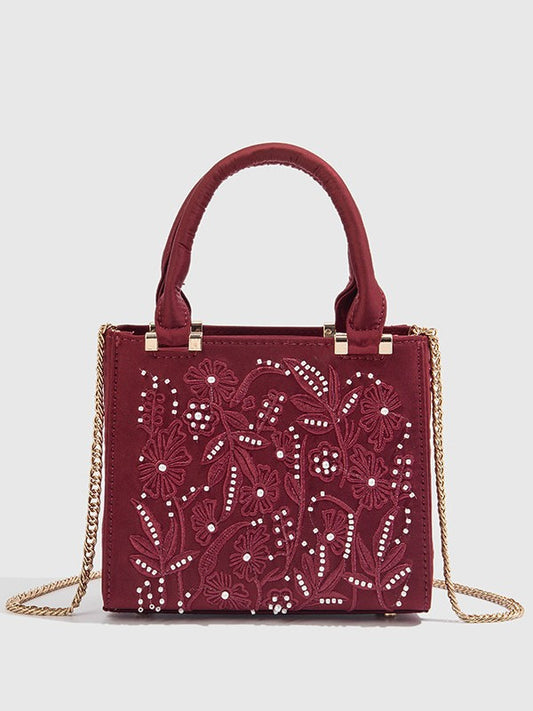 Women's Decorated Pearls Chain Silk Satin Texture Hard Women's Handbag