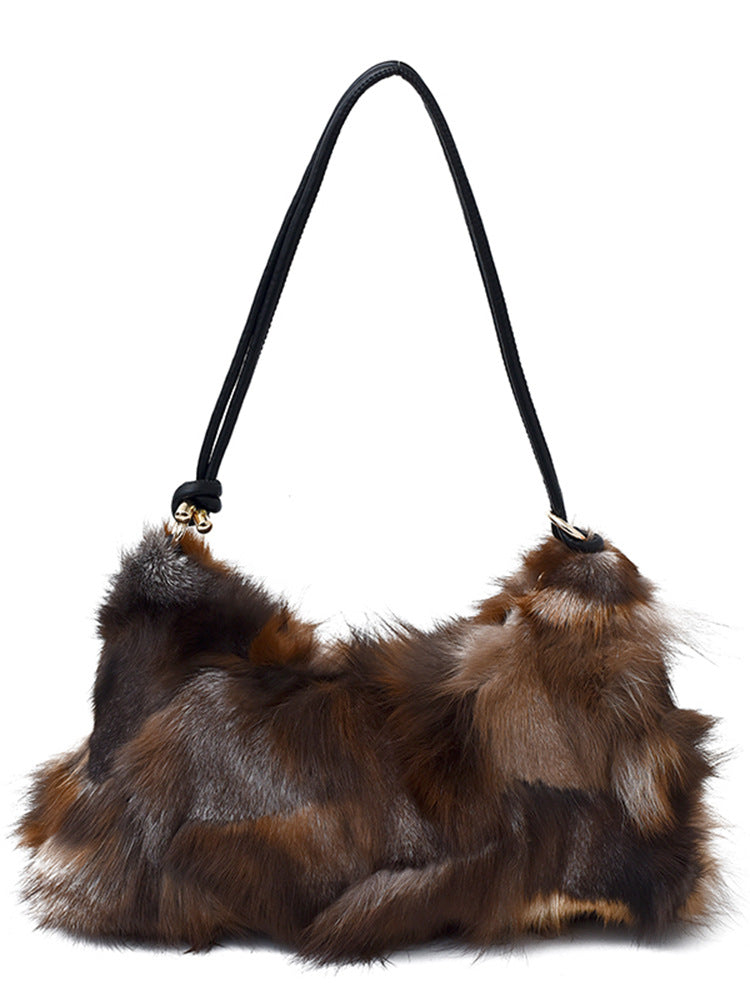 Women's Light Luxury Minority Plush Underarm Fashion Elegant Stitching Long Veet Women's Shoulder Bag