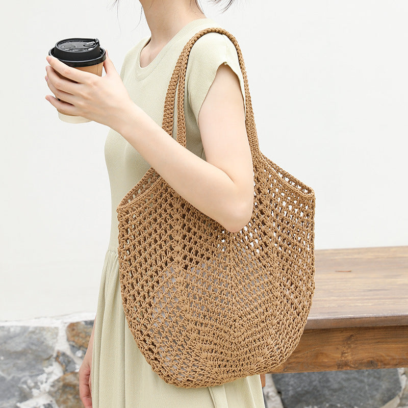Women's Korean Drawstring Fashionable Cotton Hollow Hand-woven Women's Shoulder Bag