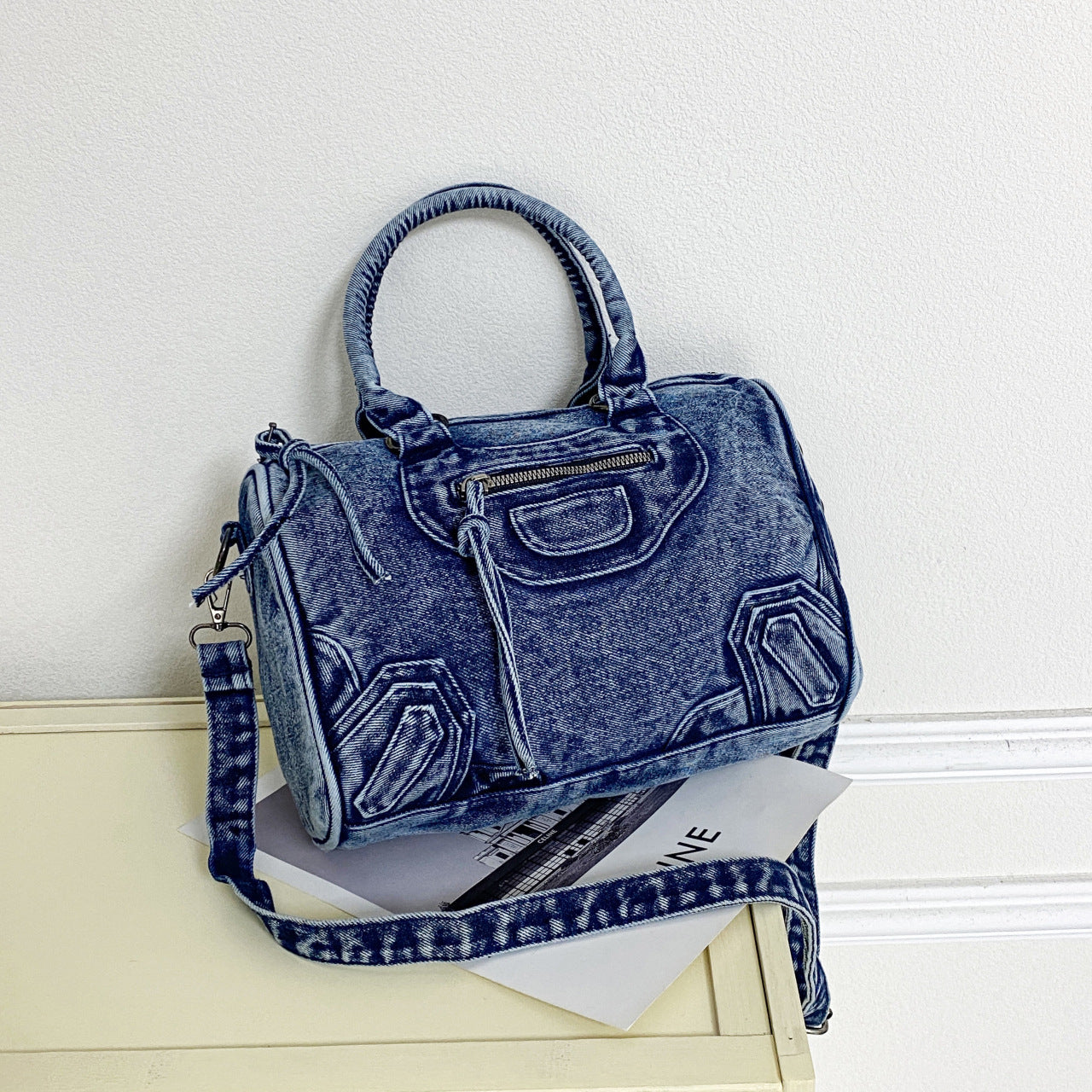 Women's Versatile Washed Denim Patchwork Large Capacity Commuter Sling Motorcycle Bags