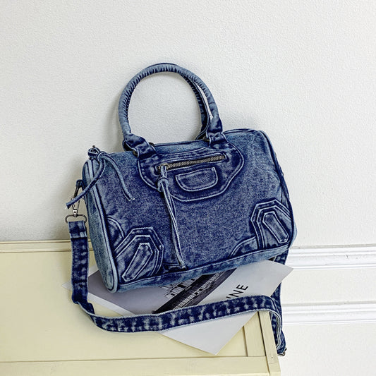 Women's Versatile Washed Denim Patchwork Large Capacity Commuter Sling Motorcycle Bags