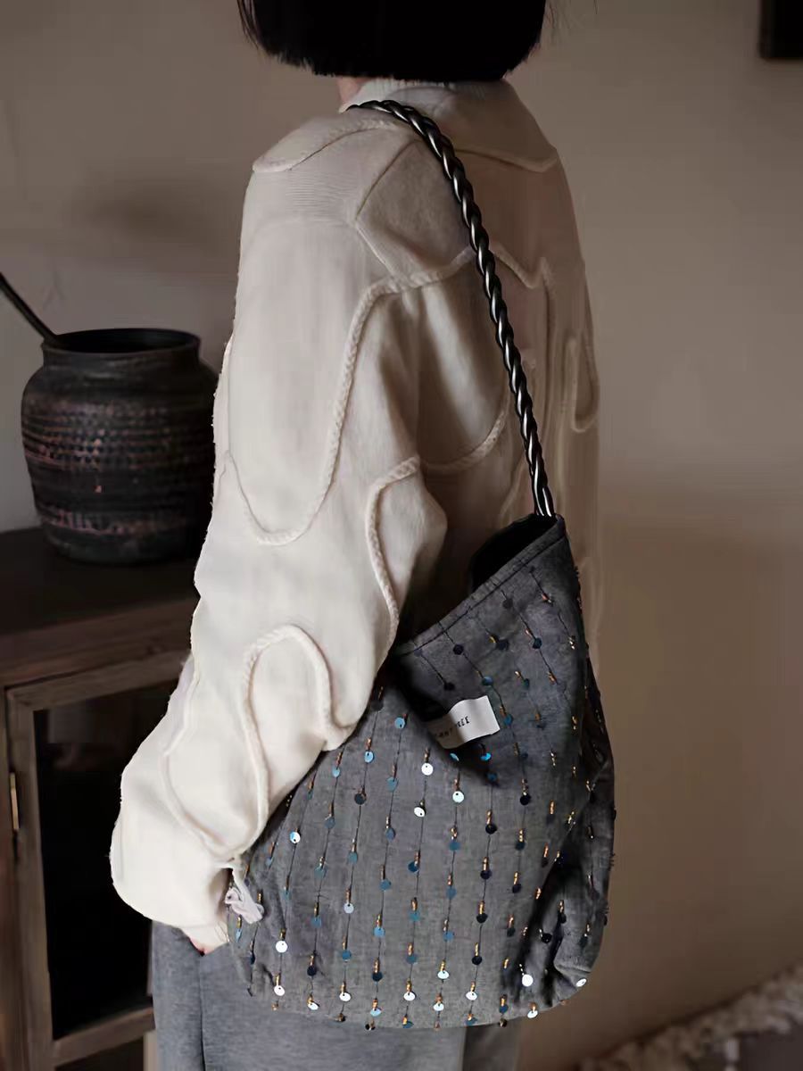 Elegance Retro Peacock Blue Sequined Commuter Women's Shoulder Bag
