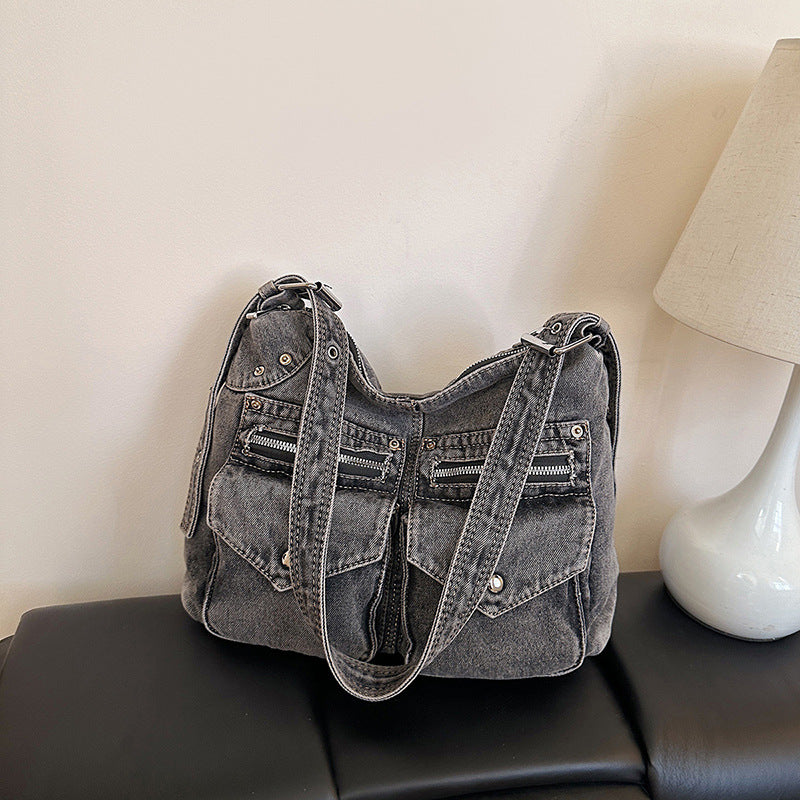 Motorcycle Double Pocket Denim Female Large Capacity Tote Bags