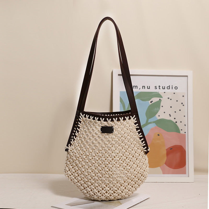Fashion Geometric Straw Niche Stitching Hollow Woven Women's Shoulder Bag