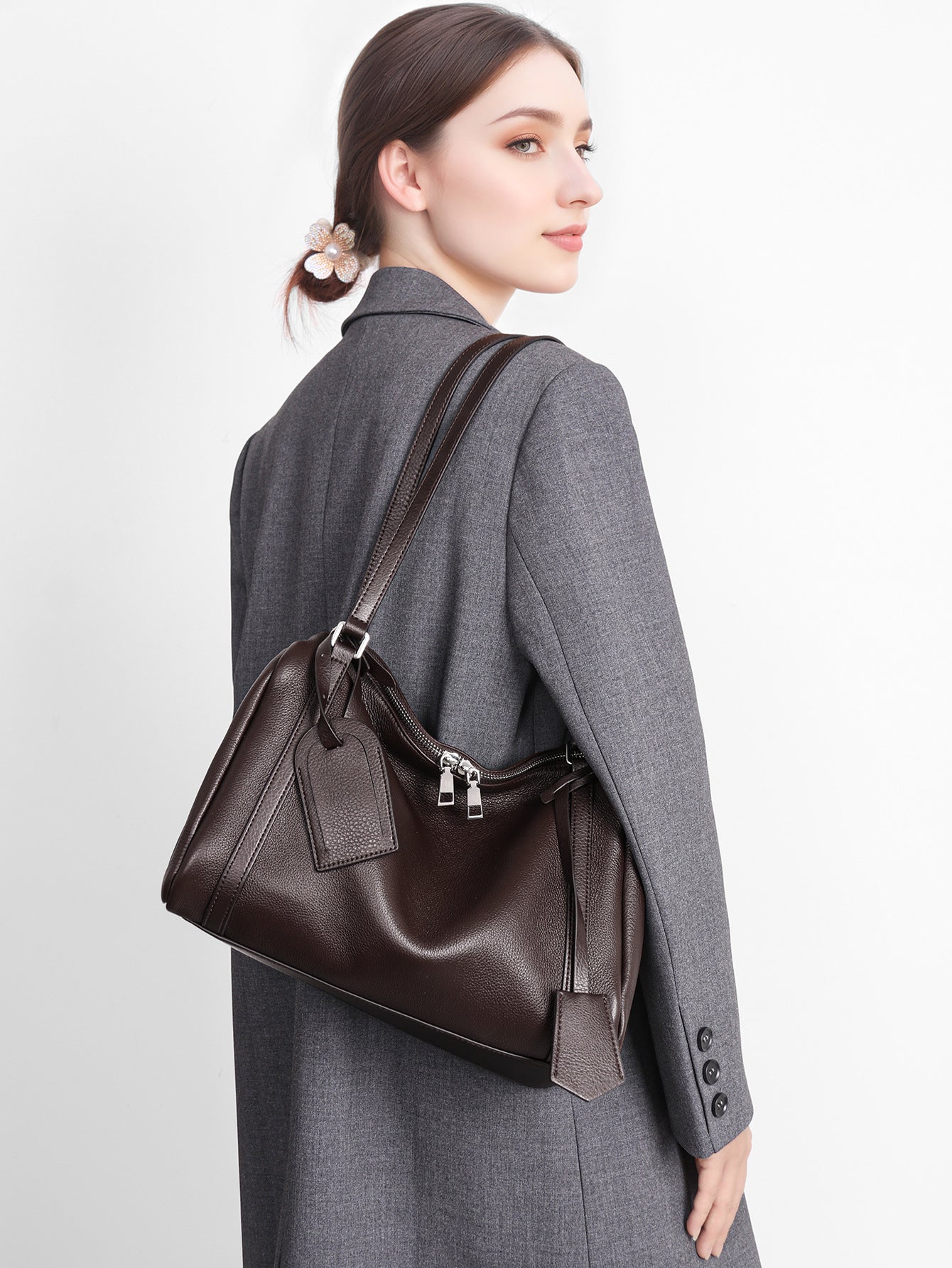 Top Layer Leather Korean Style Large Capacity Totes Commute Bags