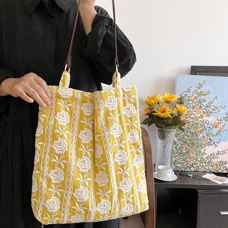 Embroidered Flower Yellow Rose Daily Portable Cotton Leather Shoulder Bags