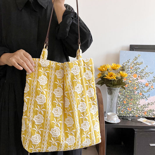 Embroidered Flower Yellow Rose Daily Portable Cotton Leather Shoulder Bags