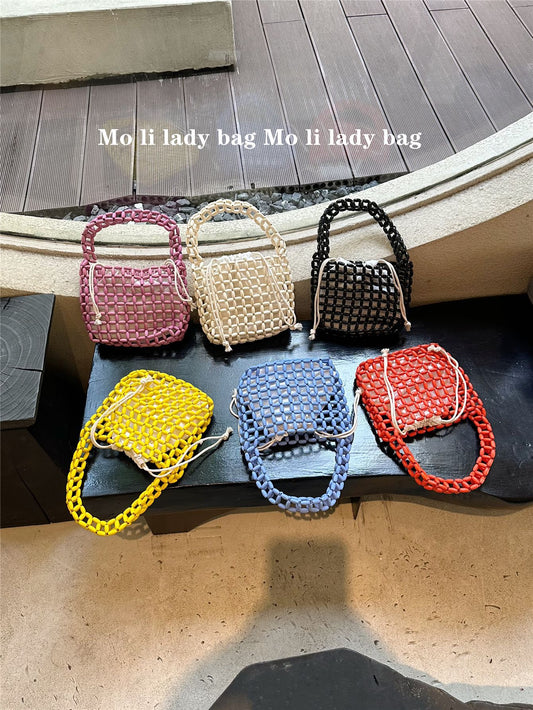 Trendy Design With Wooden Beads Decoration Hand-woven Underarm Bags